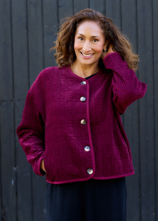 Velour Quilting Boxy Jacket - Berry - front view