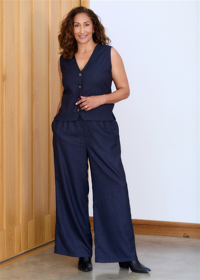 Simple Pinstripe Straight Leg Trouser - Navy - front view