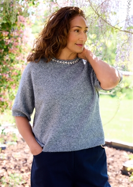 Diamante Necklace Short Sleeve Raglan Jumper - Mid Grey - front view