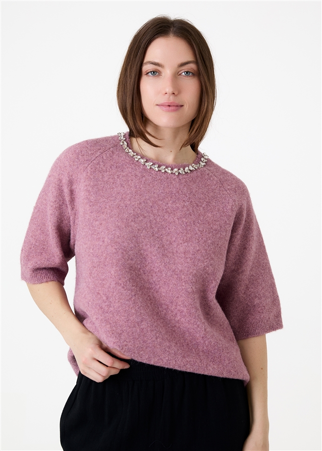 Diamante Necklace Short Sleeve Raglan Jumper