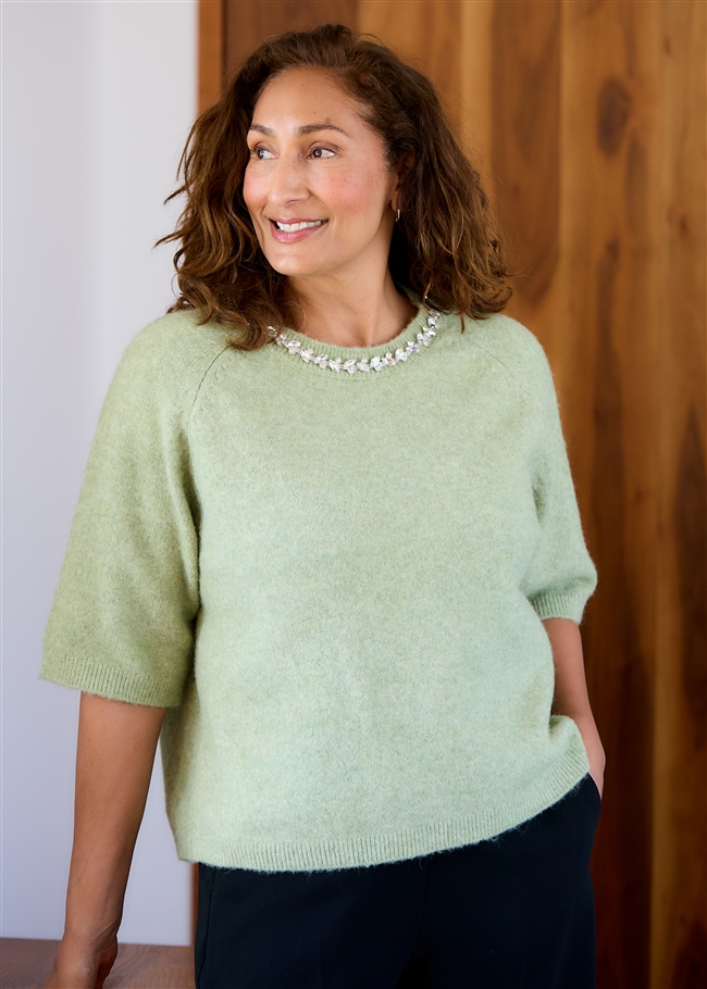 Diamante Necklace Short Sleeve Raglan Jumper