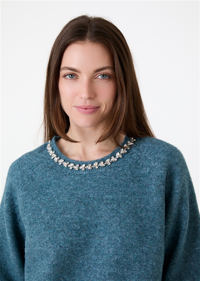 Diamante Necklace Short Sleeve Raglan Jumper