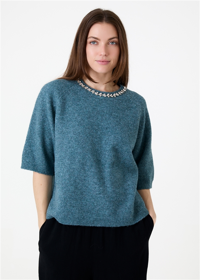 Diamante Necklace Short Sleeve Raglan Jumper