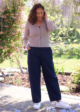 Balloon Leg Elastic Waist Cotton Twill Trousers - Navy - front view