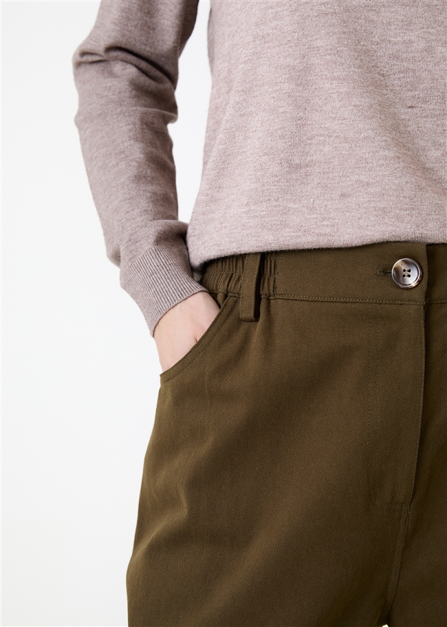 Balloon Leg Elastic Waist Cotton Twill Trousers