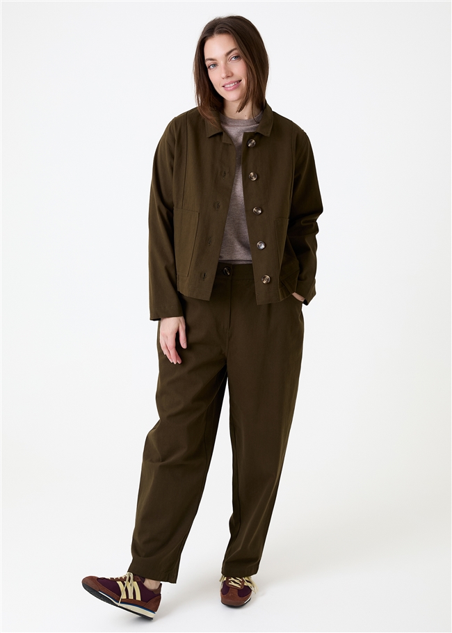 Balloon Leg Elastic Waist Cotton Twill Trousers