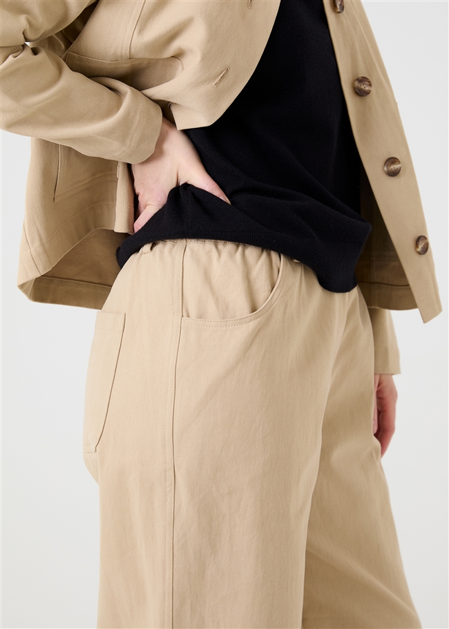 Balloon Leg Elastic Waist Cotton Twill Trousers