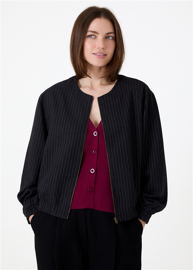 Pinstripe Zip Front Bomber Jacket