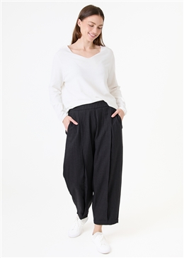 Pinstripe Pleat Front Elastic Waist Trouser - Black - front view