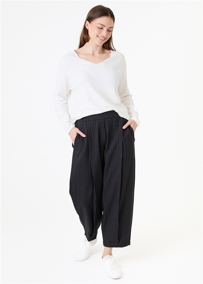 Pinstripe Pleat Front Elastic Waist Trouser - Black - front view