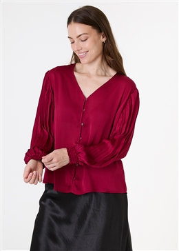 Pleat Sleeve Button Through Blouse - Scarlet - side body view