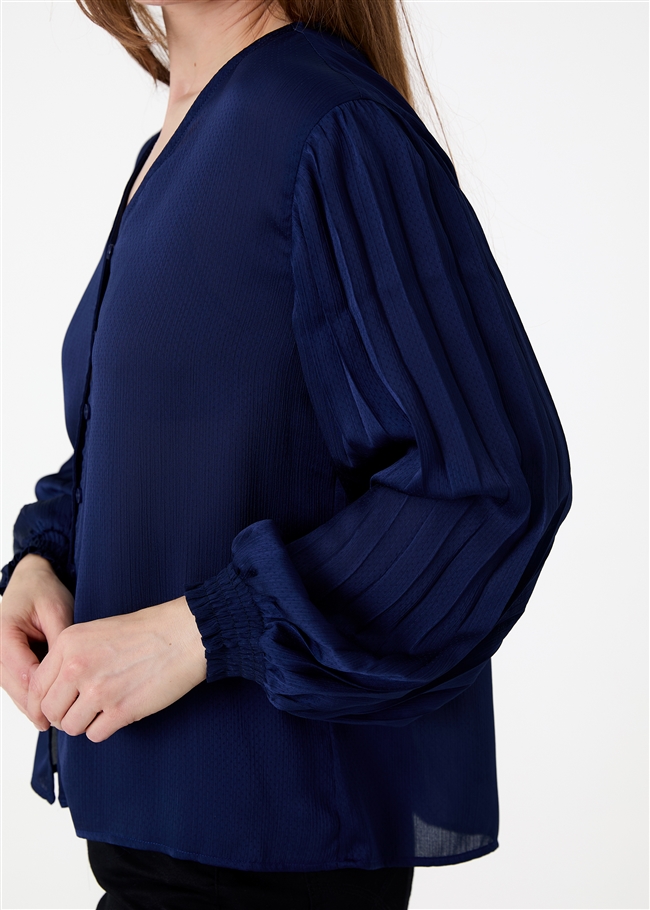 Pleat Sleeve Button Through Blouse