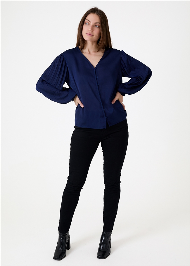 Pleat Sleeve Button Through Blouse