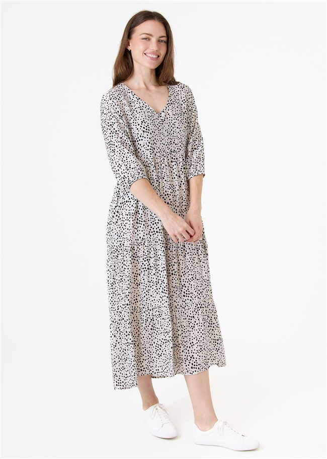 Mixed Ditsy Spot Tiered Dress - Ivory - side body view
