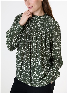 Mixed Ditsy Spot High Neck Shirred Blouse - Khaki - general view