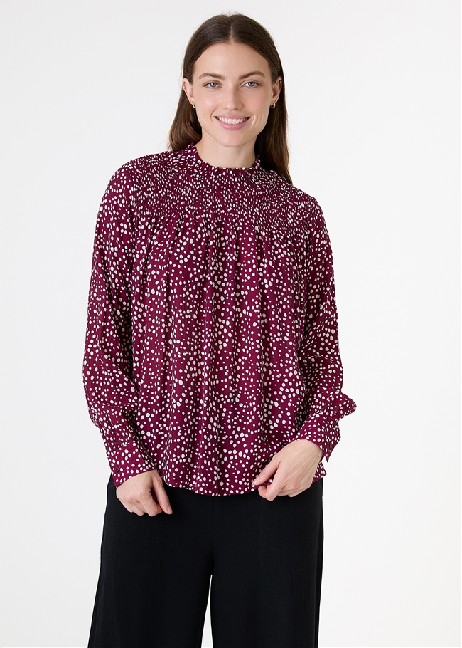 Mixed Ditsy Spot High Neck Shirred Blouse