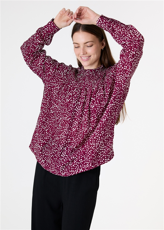 Mixed Ditsy Spot High Neck Shirred Blouse - Berry - side body view