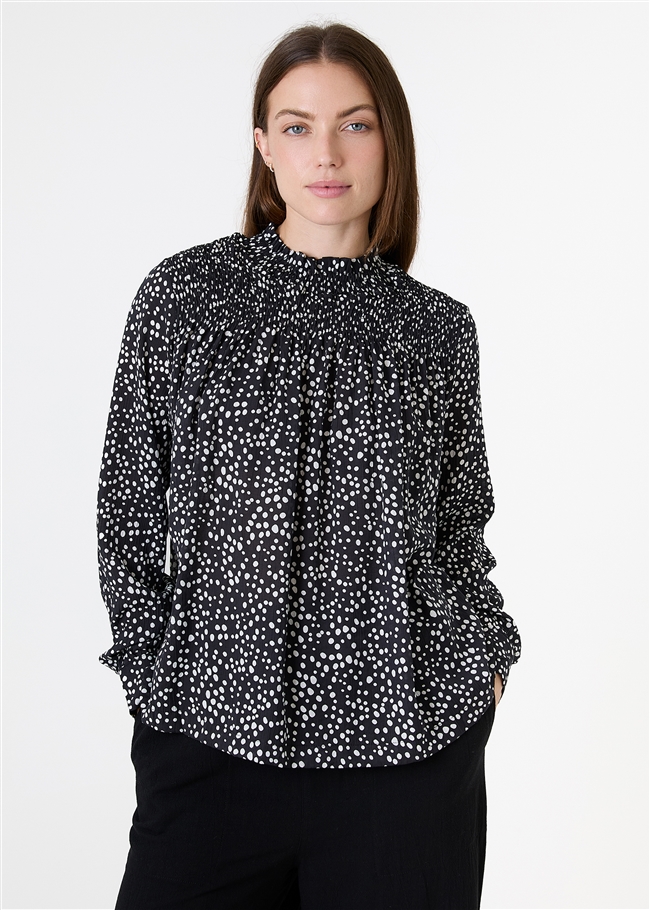 Mixed Ditsy Spot High Neck Shirred Blouse