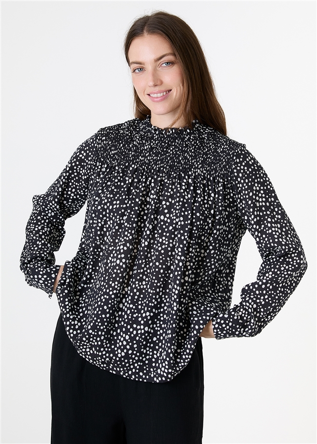 Mixed Ditsy Spot High Neck Shirred Blouse
