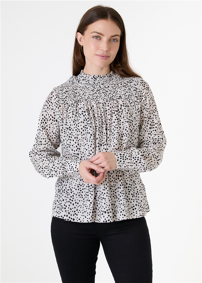 Mixed Ditsy Spot High Neck Shirred Blouse