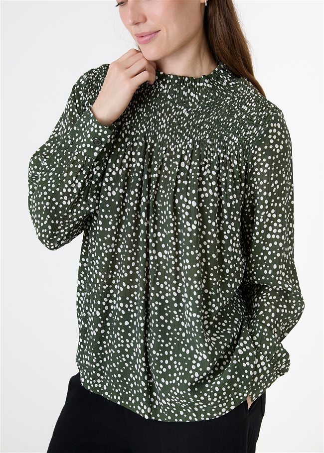 Mixed Ditsy Spot High Neck Shirred Blouse