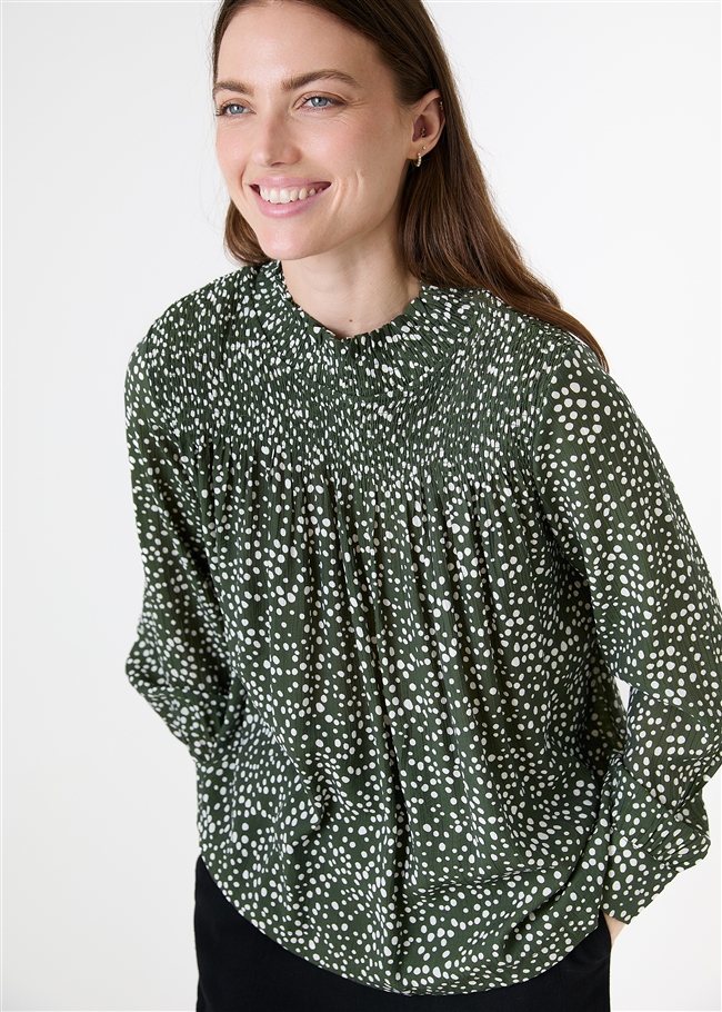 Mixed Ditsy Spot High Neck Shirred Blouse