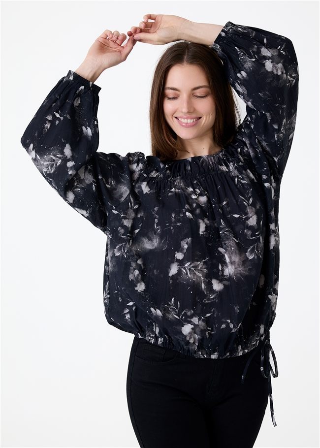 Floral Foliage Drawstring Hem Blouse