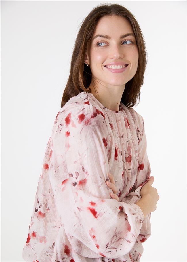 Floral Foliage Drawstring Hem Blouse