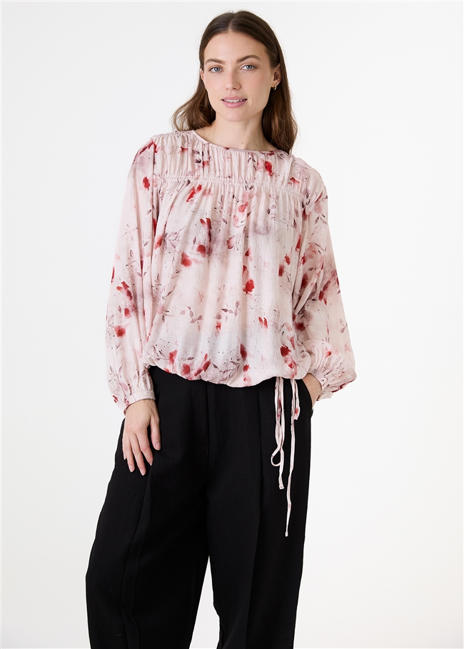 Floral Foliage Drawstring Hem Blouse