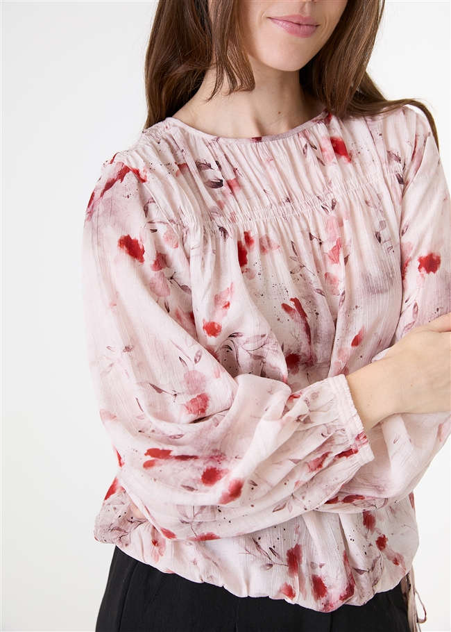 Floral Foliage Drawstring Hem Blouse