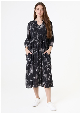 Floral Foliage Shirring Notch Neck Dress - Black - front view