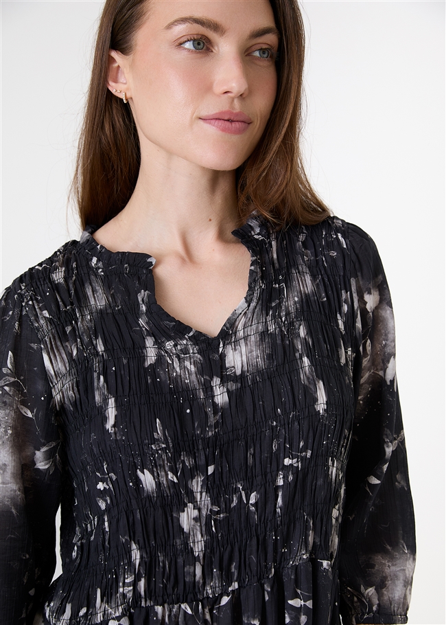 Floral Foliage Shirring Notch Neck Dress