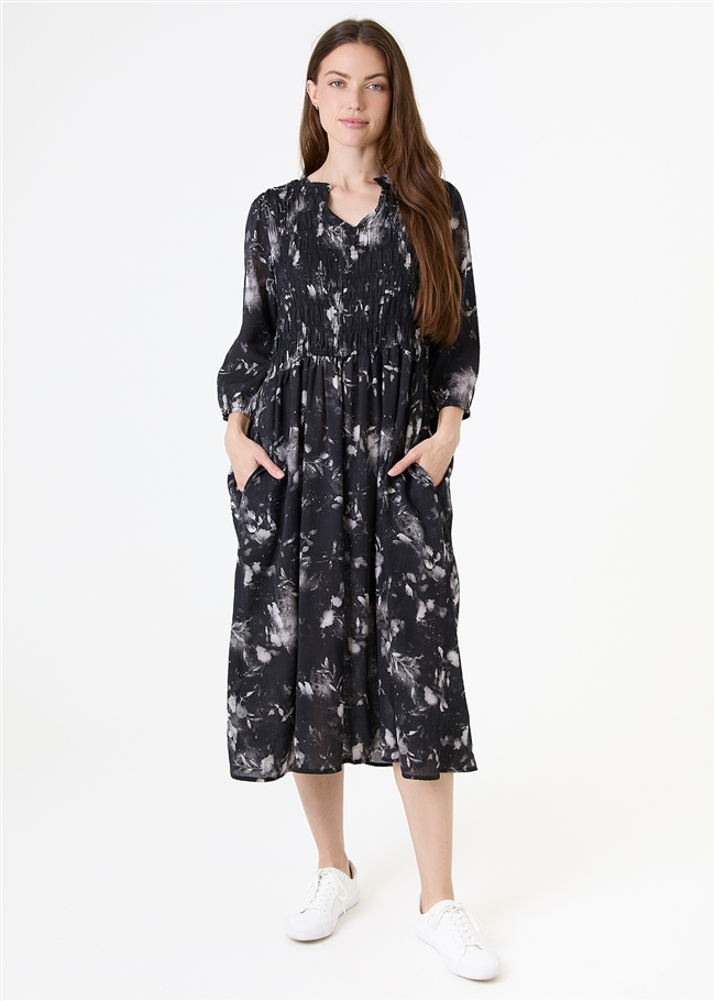 Floral Foliage Shirring Notch Neck Dress - Black - front view