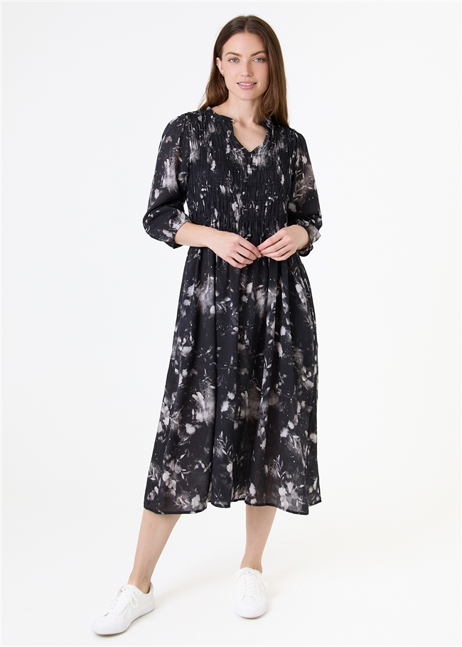 Floral Foliage Shirring Notch Neck Dress