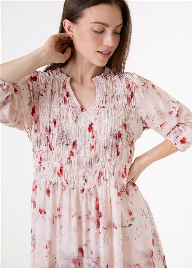 Floral Foliage Shirring Notch Neck Dress
