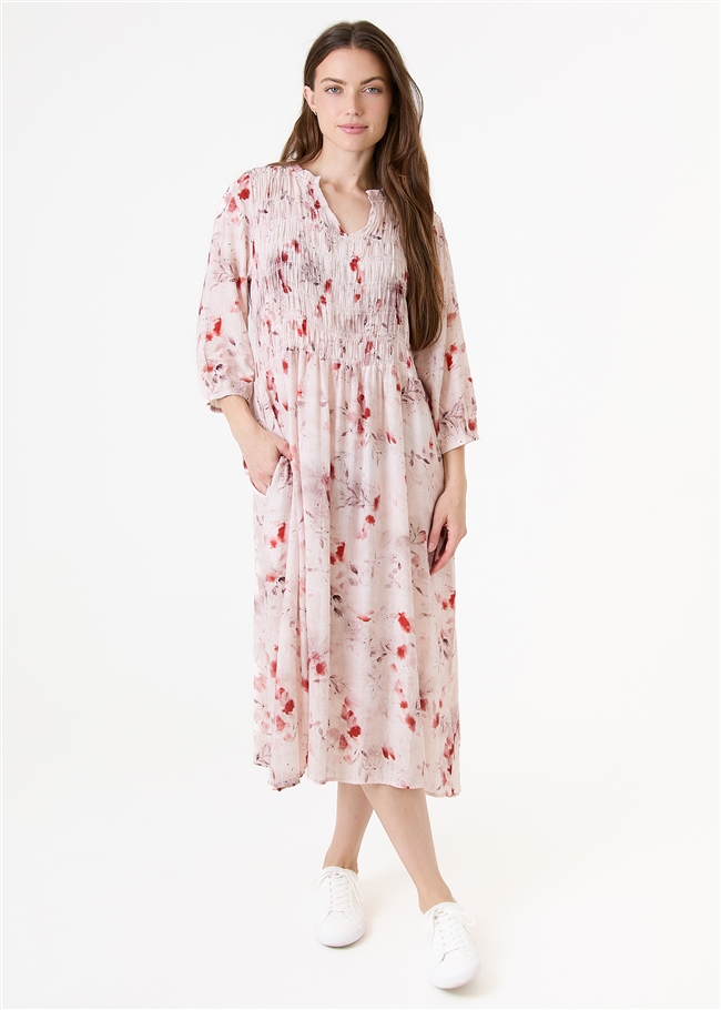 Floral Foliage Shirring Notch Neck Dress