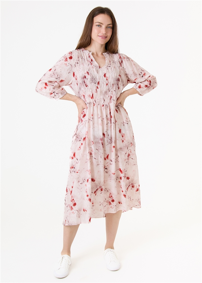 Floral Foliage Shirring Notch Neck Dress