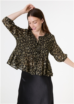 Leopard Print Chiffon Tie Front Shirring Blouse - Khaki - side body view