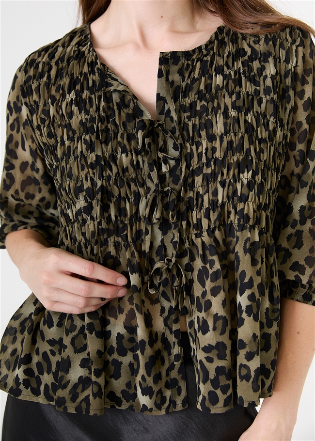 Leopard Print Chiffon Tie Front Shirring Blouse