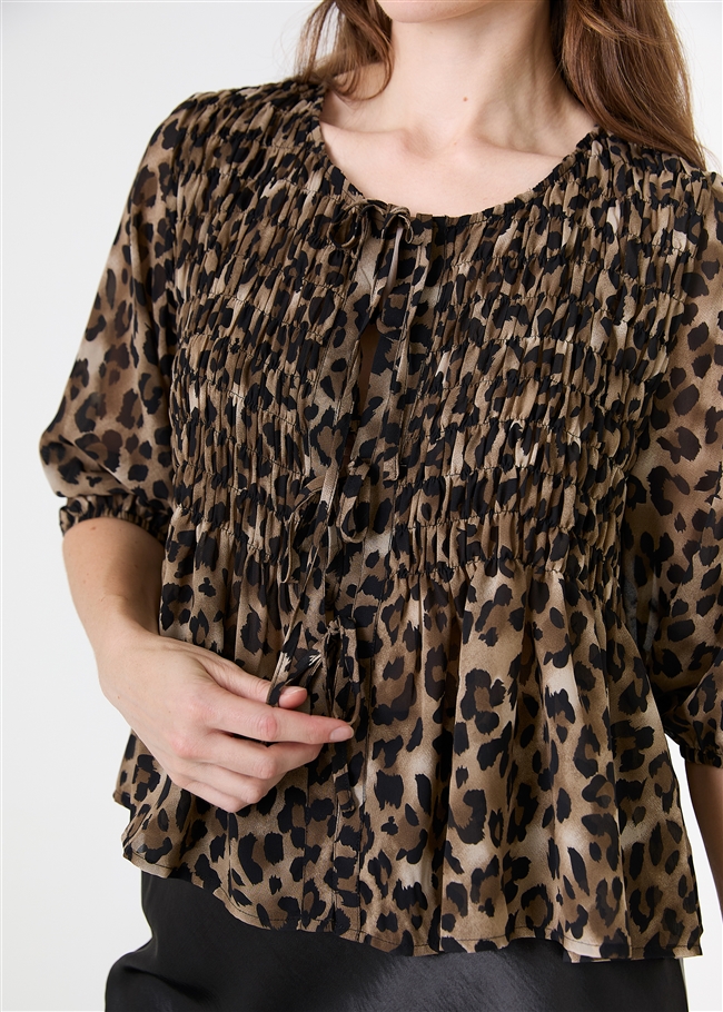 Leopard Print Chiffon Tie Front Shirring Blouse