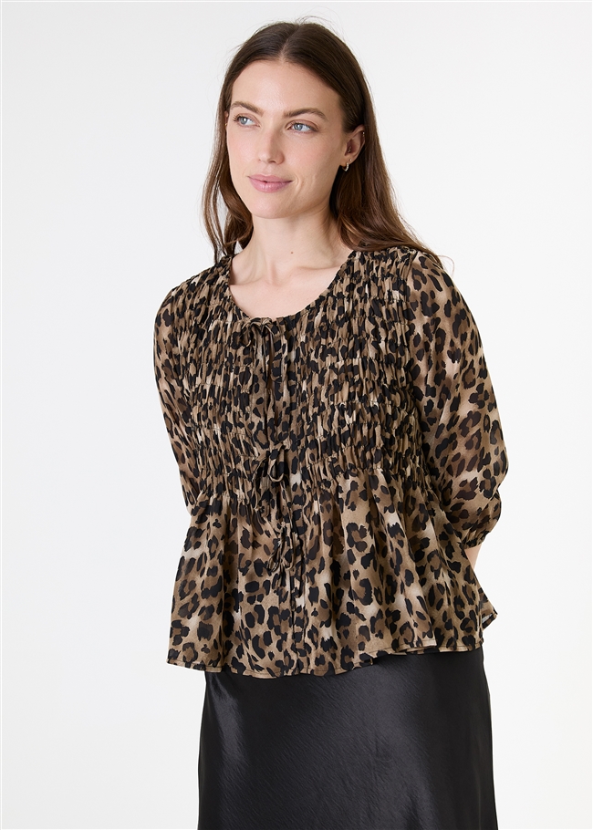 Leopard Print Chiffon Tie Front Shirring Blouse