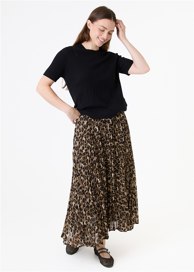 Leopard Print Chiffon Pleated Skirt - Mink - side body view