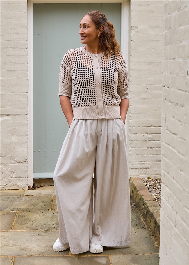 Wide Leg Pleated Palazzo Trousers - Stone - front view