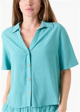 Linen Viscose Short Sleeve Notch Neck Boxy Shirt - Sea Foam - general view