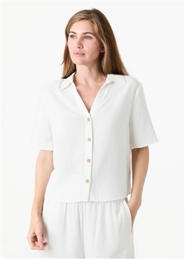 Linen Viscose Short Sleeve Notch Neck Boxy Shirt - White - front view