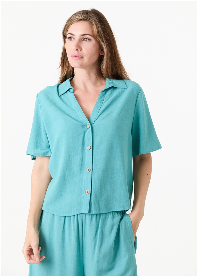 Linen Viscose Short Sleeve Notch Neck Boxy Shirt