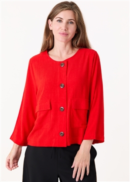 Linen Viscose Boxy Round Neck Two Pocket Jacket - Poppy Red - side view