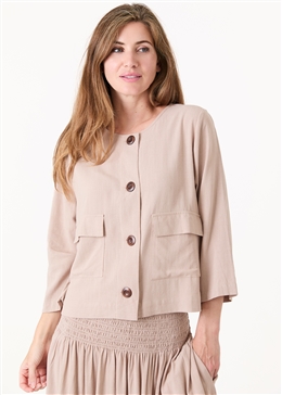 Linen Viscose Boxy Round Neck Two Pocket Jacket - Stone - front view