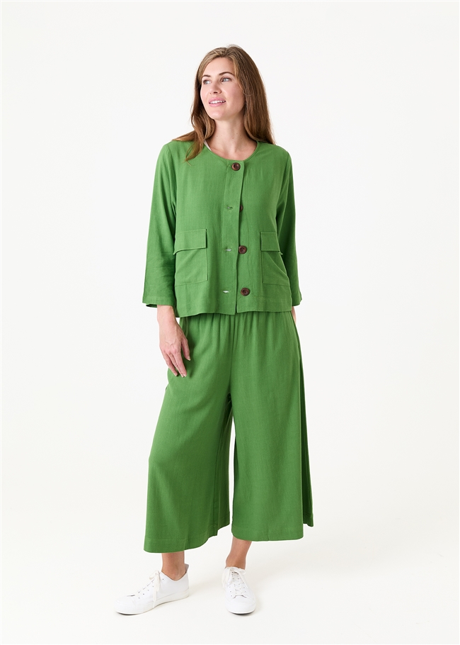 Linen Viscose Boxy Round Neck Two Pocket Jacket