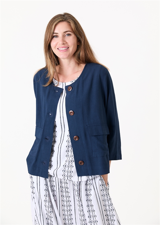 Linen Viscose Boxy Round Neck Two Pocket Jacket
